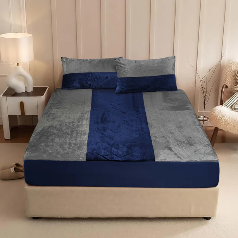 VERTICAL DUO TONE FLEECE FITTED SHEET GREY NAVY BLUE